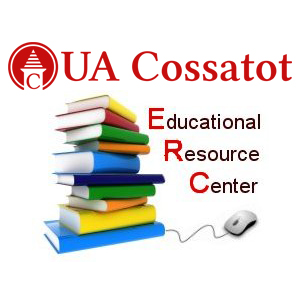 UA Cossatot logo with ERC logo (stack of books with computer mouse attached)