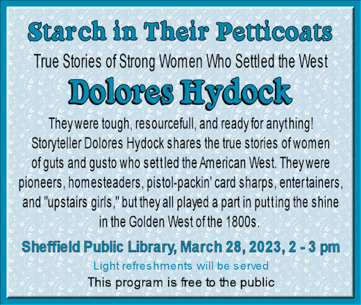 graphic Program with storyteller Dolores Hydock March 28, 2 to 3 p m