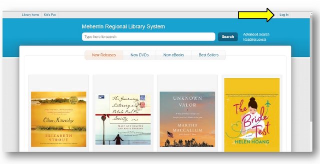 Image of library's catalog with an arrow pointing towards the login button